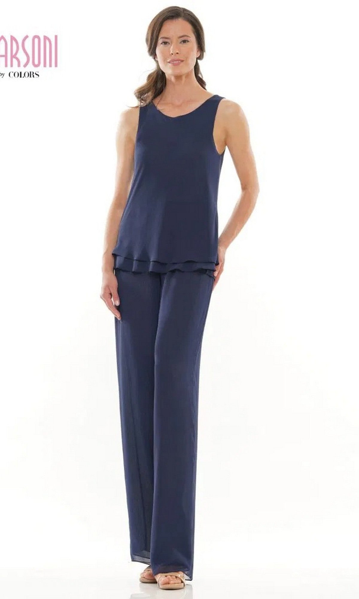 Woman in a sleeveless navy blue Marsoni M304 long formal pantsuit with matching wide-leg chiffon pants, standing against a plain white background.